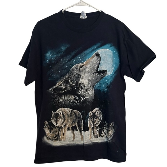 Vintage Wolf Pack Blue Moon Graphic T-Shirt Rare Big Print Wolves Nature Size L - Picture 1 of 4
